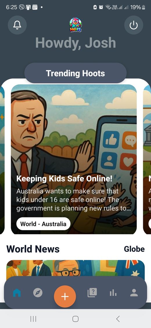 Daily Hoots mobile app showing trending kids news